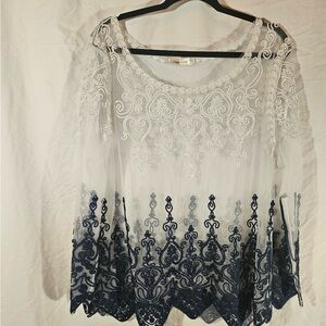 Simply Couture White Sheer Embroidered Top with Navy Ombre Lace